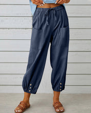 Nina | Losse broek met hoge taille in de kleur Marineblauw voor dames in Smart-casual stijl ideaal voor de herfst.