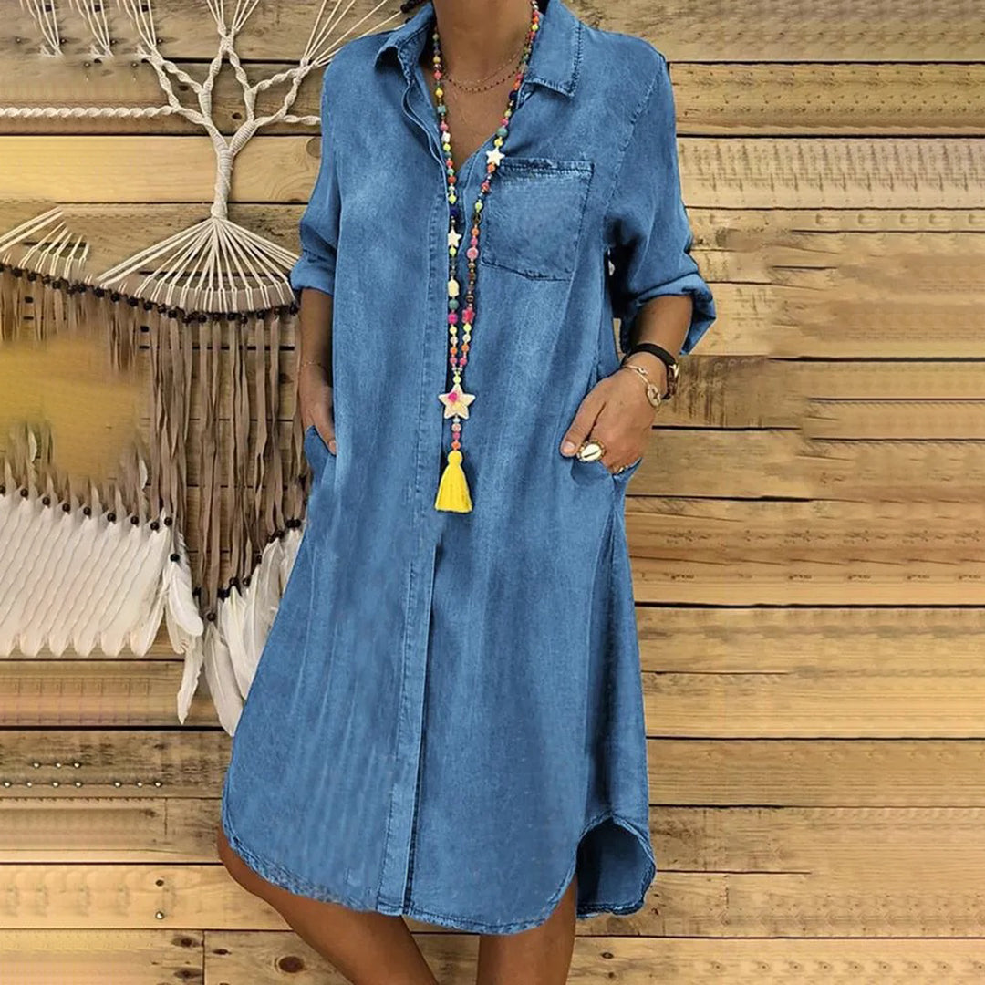 Pangai | Stijlvolle lentejurk van denim in de kleur Blauw voor dames in Heritage stijl ideaal voor de lente.