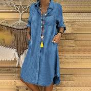 Pangai | Stijlvolle lentejurk van denim in de kleur Blauw voor dames in Heritage stijl ideaal voor de lente.