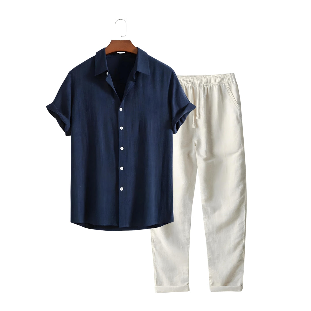Philip | Linnen set met polo en broek in de kleur Marineblauw/Beige voor heren in Beach stijl ideaal voor de zomer.