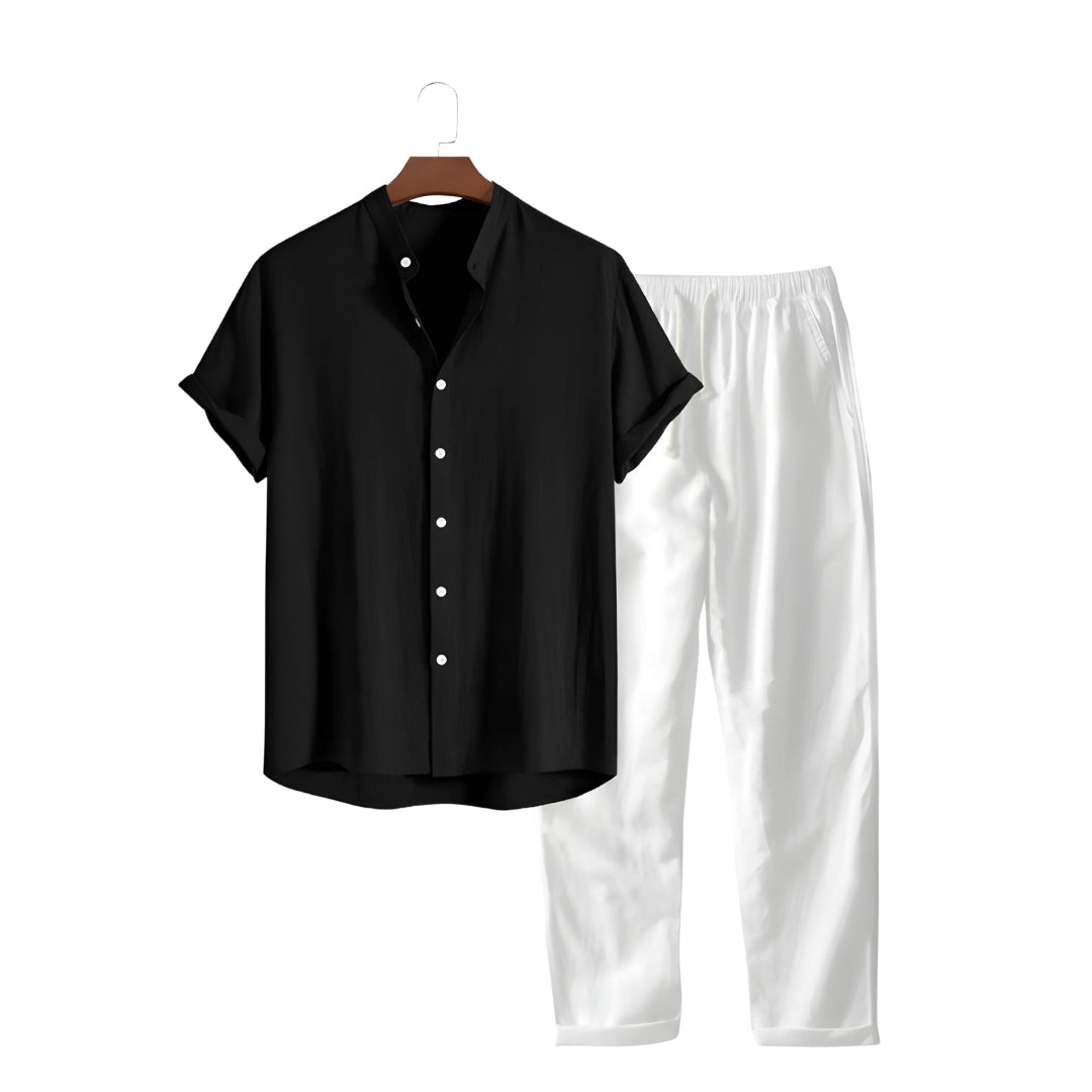 Philip | Linnen set met polo en broek in de kleur Zwart/Beige voor heren in Beach stijl ideaal voor de zomer.