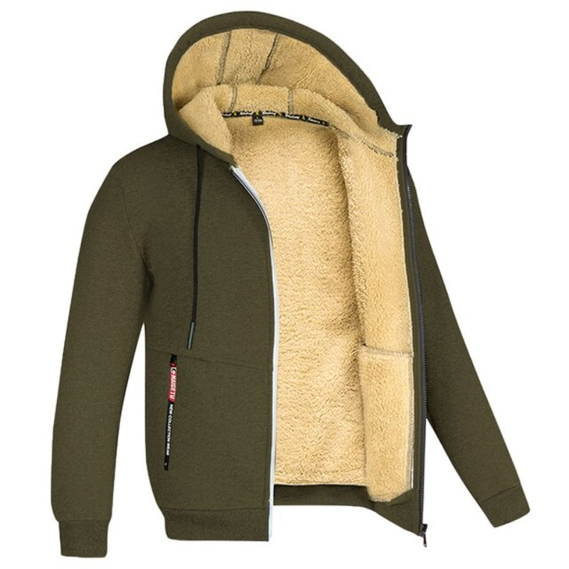 Sherpa | Wollen herenvest met capuchon in de kleur Legergroen voor heren in Lounge stijl ideaal voor de herfst.