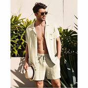 Simon | Zomerse linnen tweedelige set in de kleur Khaki voor heren in Beach stijl ideaal voor de zomer.