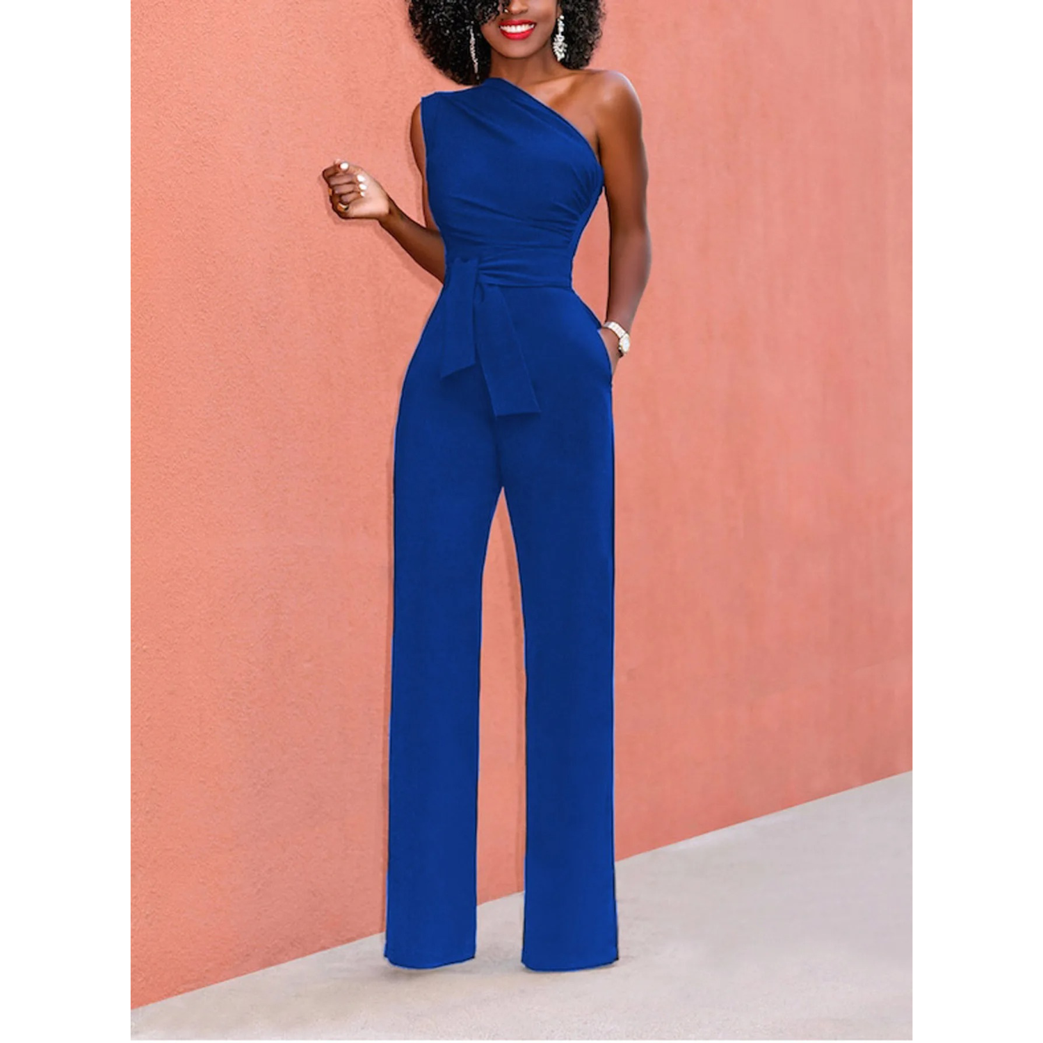 Sophie | Jumpsuit met wijde broek en korte mouwen in de kleur Blauw voor dames in Party stijl ideaal voor de herfst.