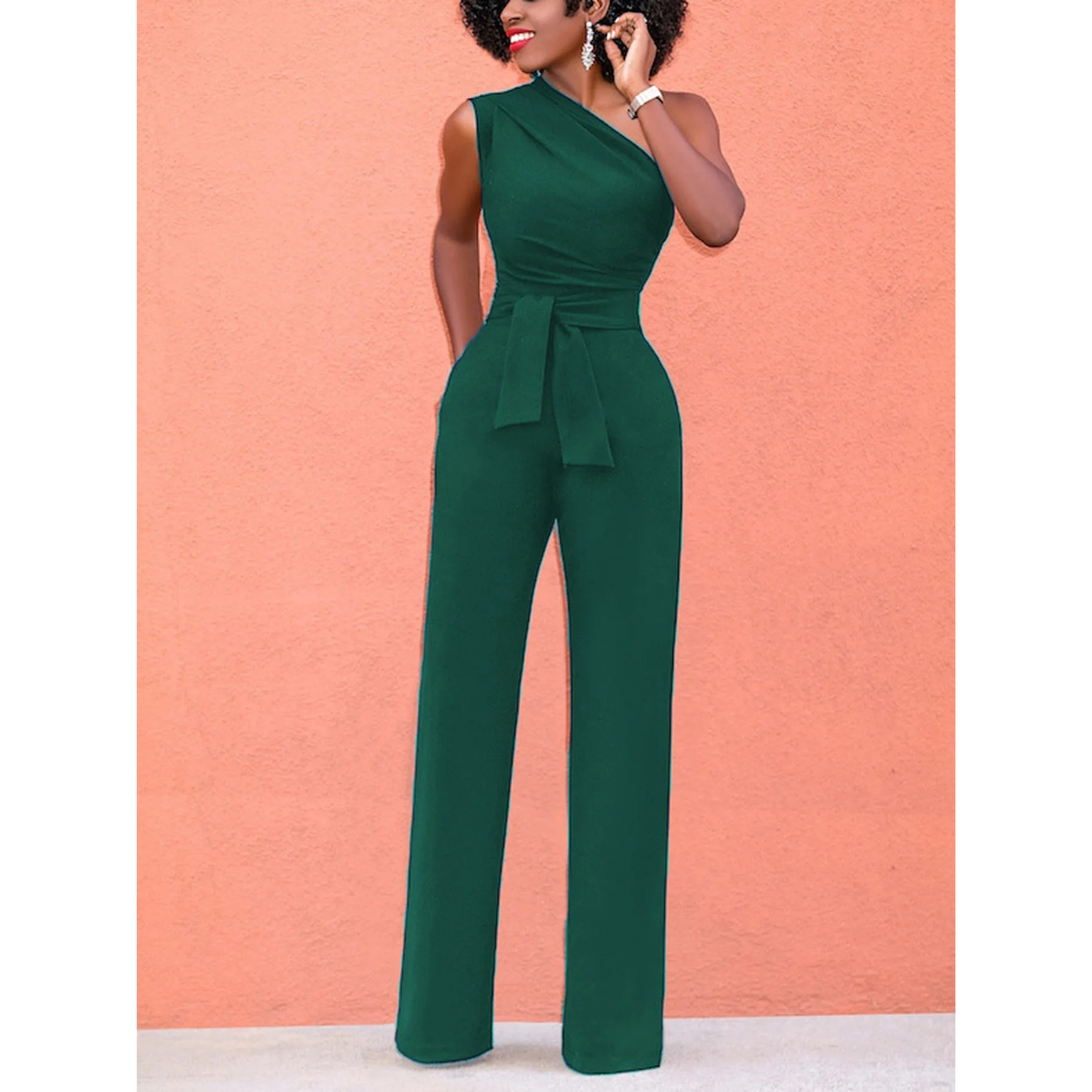 Sophie | Jumpsuit met wijde broek en korte mouwen in de kleur Groen voor dames in Party stijl ideaal voor de herfst.