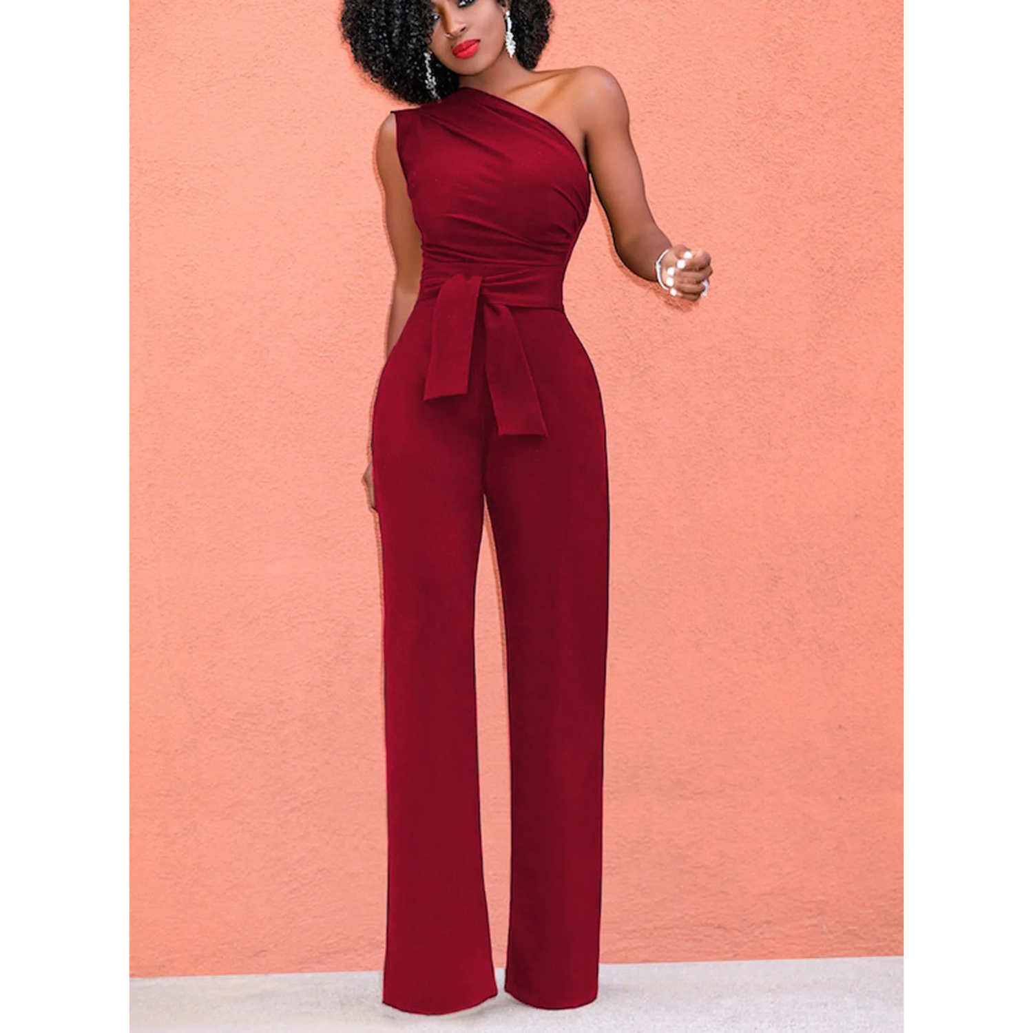 Sophie | Jumpsuit met wijde broek en korte mouwen in de kleur Rood voor dames in Party stijl ideaal voor de herfst.