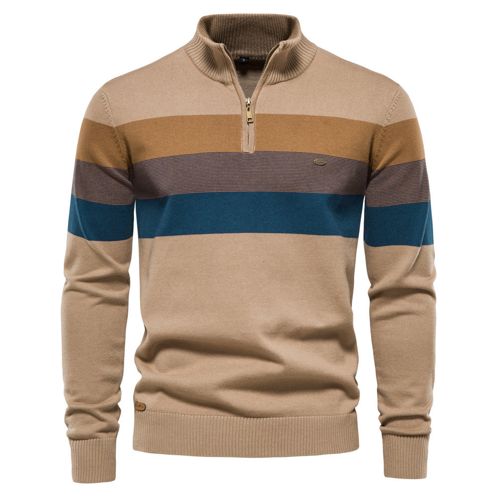 Thijs | Heren trui met rits en patchwork van katoen in de kleur Khaki voor heren in stijl geschikt voor alle seizoenen.