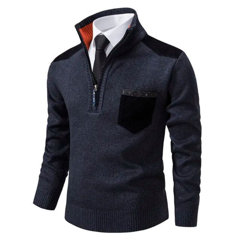 Tiesto | Kasjmier Pullover met kraag en borstzak in de kleur Marineblauw voor heren in Heritage stijl ideaal voor de herfst.