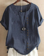 Effen t-shirt met ronde hals en korte mouwen. Gemaakt van een mix van katoen en linnen voor duurzaamheid en comfort. Perfect voor een trendy en veelzijdige look. Maattabel beschikbaar.