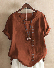 Effen t-shirt met ronde hals en korte mouwen. Gemaakt van een mix van katoen en linnen voor duurzaamheid en comfort. Perfect voor een trendy en veelzijdige look. Maattabel beschikbaar.