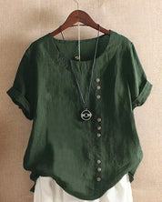 Effen t-shirt met ronde hals en korte mouwen. Gemaakt van een mix van katoen en linnen voor duurzaamheid en comfort. Perfect voor een trendy en veelzijdige look. Maattabel beschikbaar.