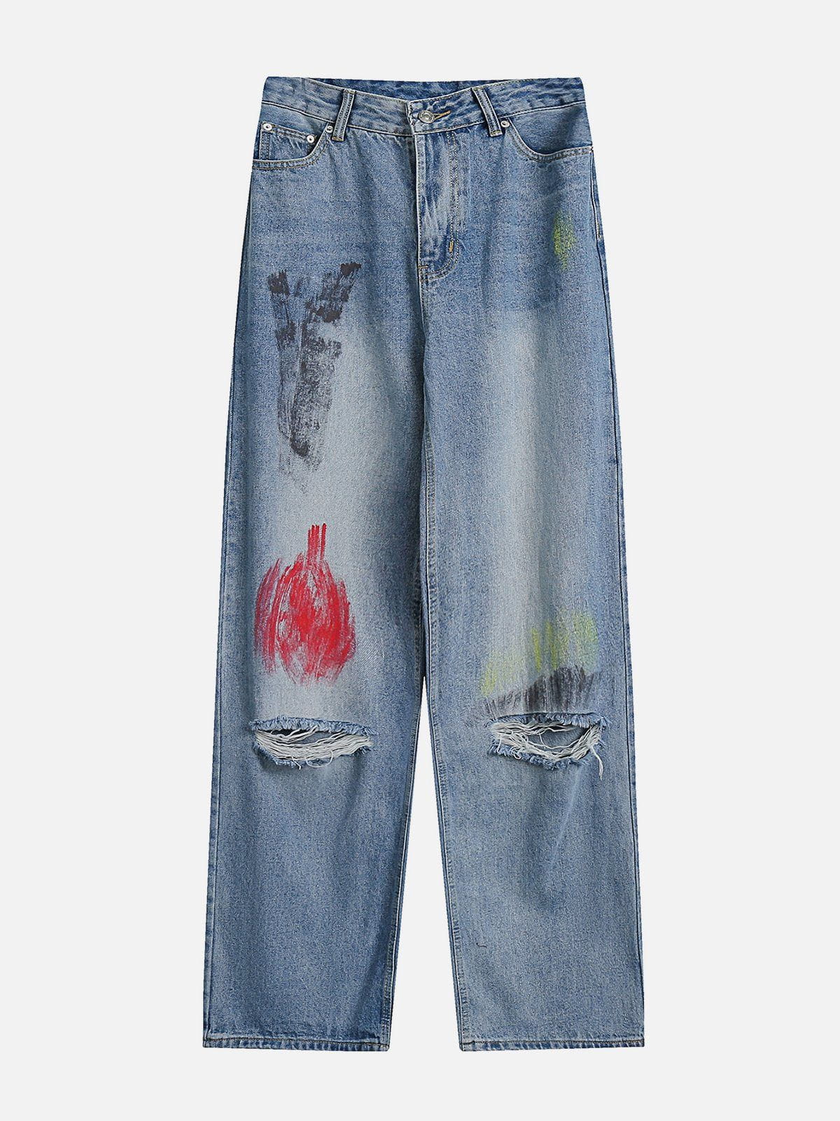 Yaki | Dames modebroek met graffiti motief in de kleur Blauw voor dames in stijl geschikt voor alle seizoenen.