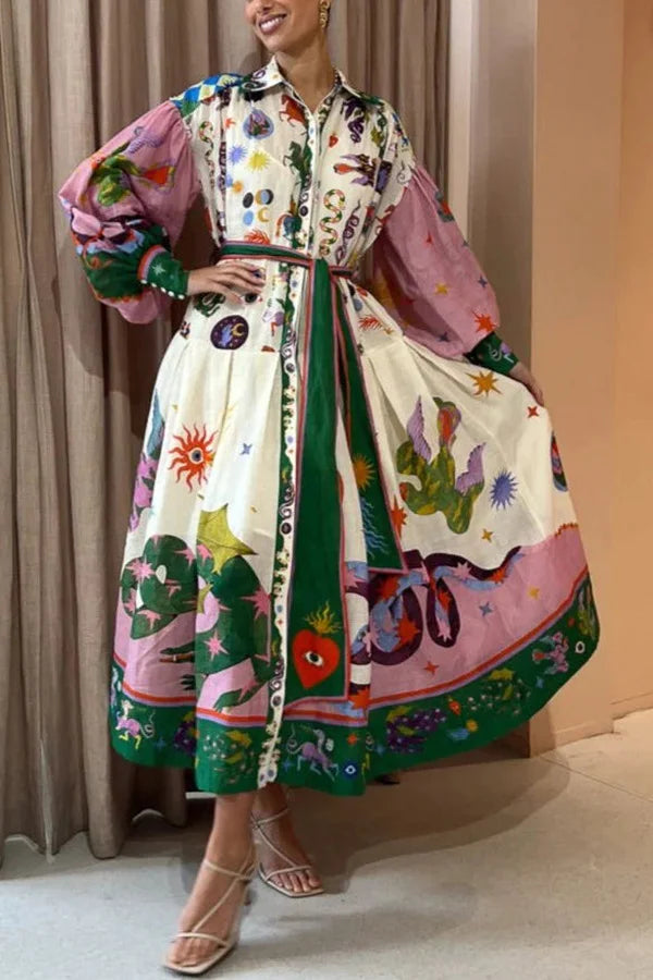 Anna | Bedrukte Maxi Retrojurk met print in de kleur Gemengde kleur voor dames in stijl ideaal voor de zomer.
