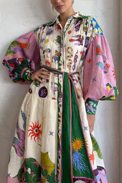 Anna | Bedrukte Maxi Retrojurk met print in de kleur Gemengde kleur voor dames in stijl ideaal voor de zomer.