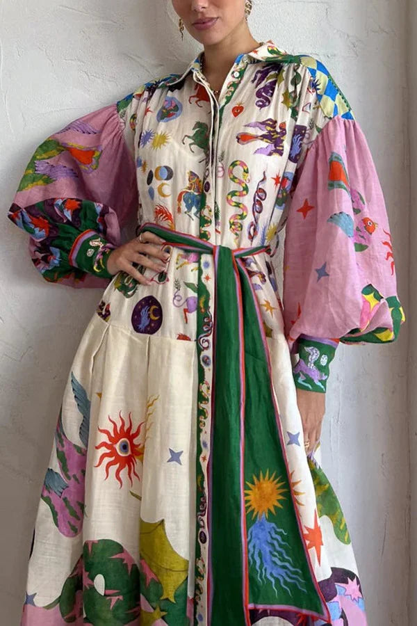 Anna | Bedrukte Maxi Retrojurk met print in de kleur Gemengde kleur voor dames in stijl ideaal voor de zomer.