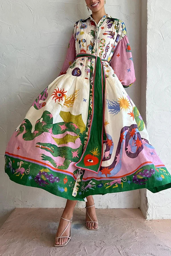 Anna | Bedrukte Maxi Retrojurk met print in de kleur Gemengde kleur voor dames in stijl ideaal voor de zomer.