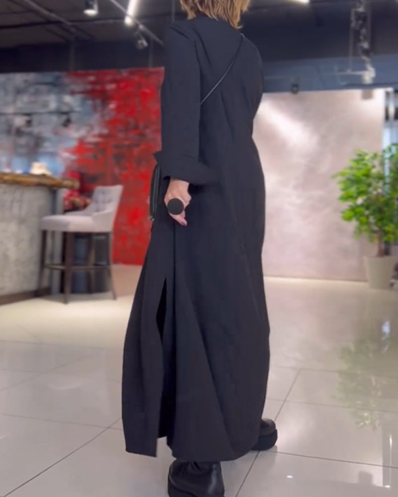 Chloe | Losse lange jurk met zijsplit in de kleur Zwart voor dames in Lounge stijl ideaal voor de herfst.