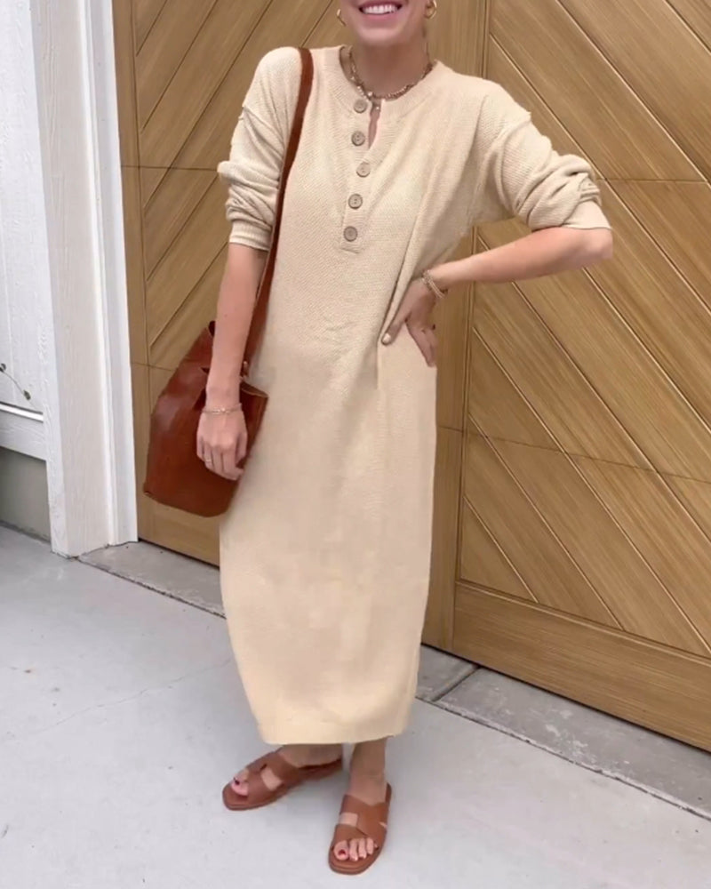 Effen casual jurk met ronde hals in de kleur Khaki voor dames in stijl ideaal voor de herfst.