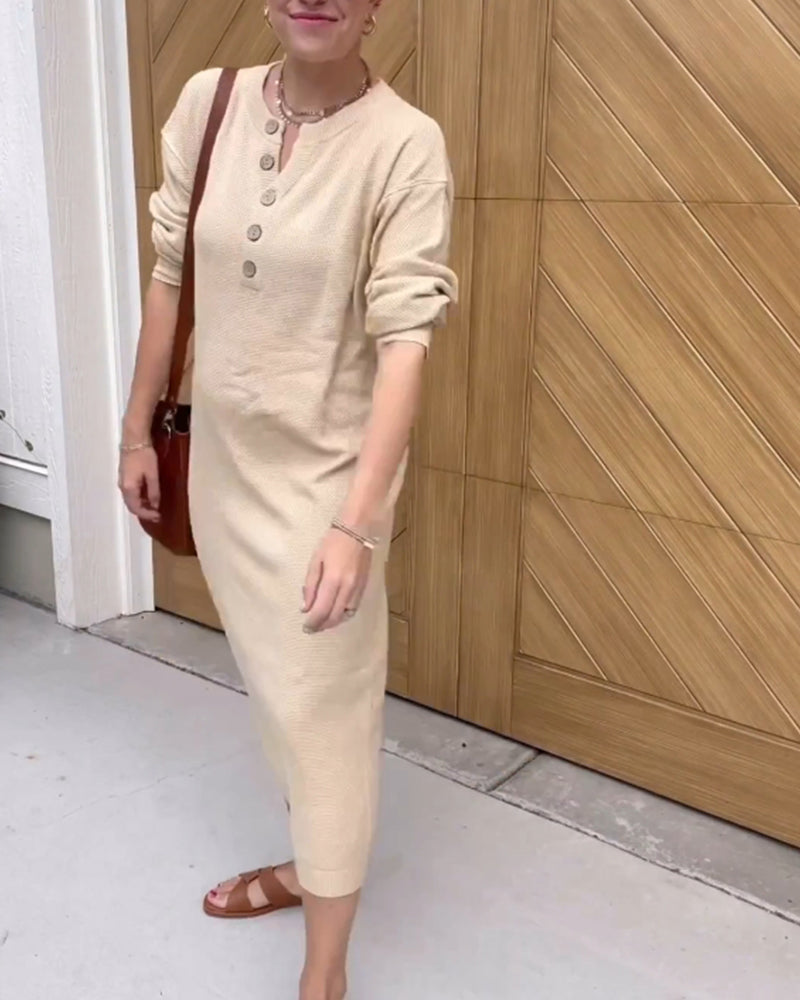 Effen casual jurk met ronde hals in de kleur Khaki voor dames in stijl ideaal voor de herfst.