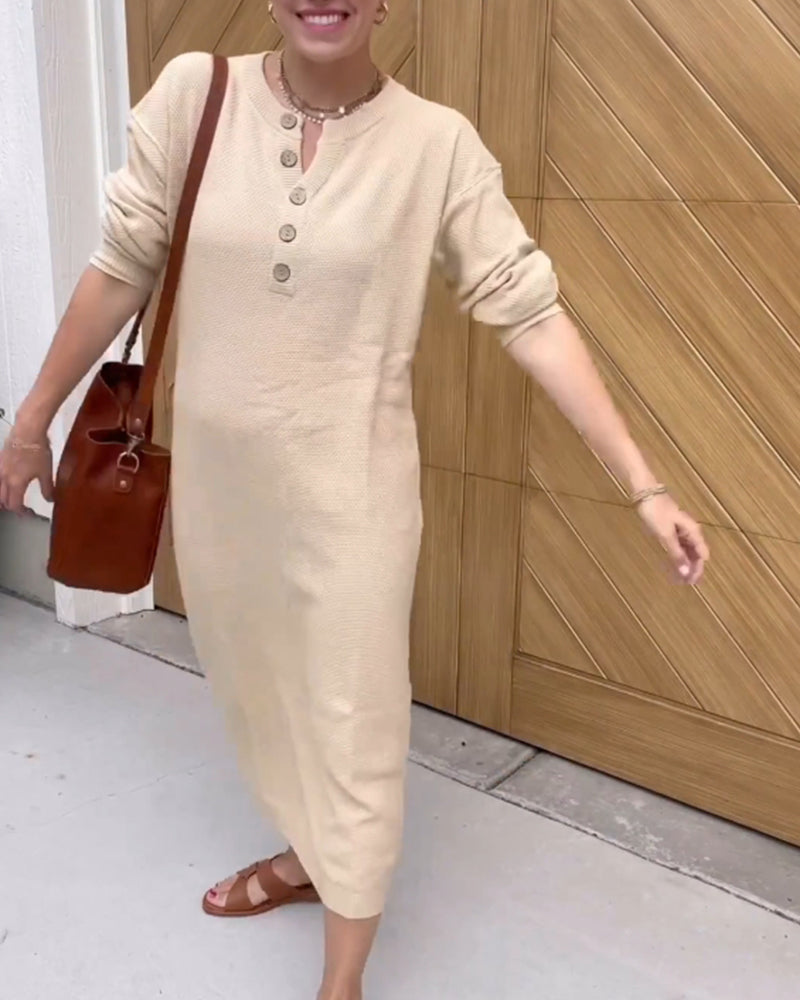 Effen casual jurk met ronde hals in de kleur Khaki voor dames in stijl ideaal voor de herfst.