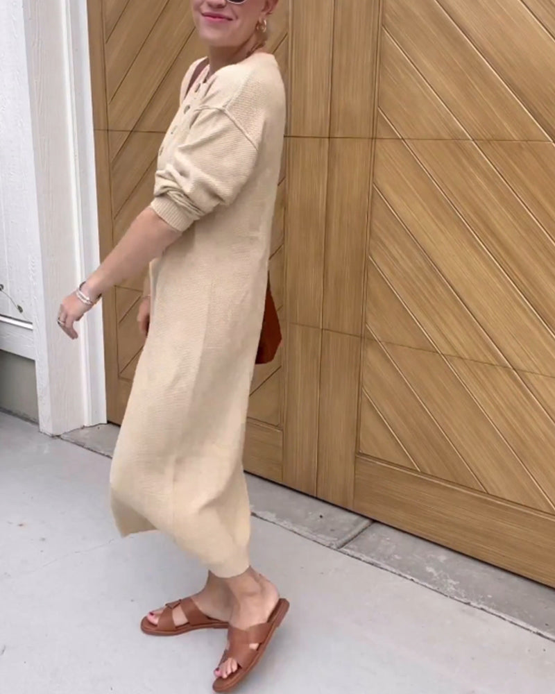 Effen casual jurk met ronde hals in de kleur Khaki voor dames in stijl ideaal voor de herfst.