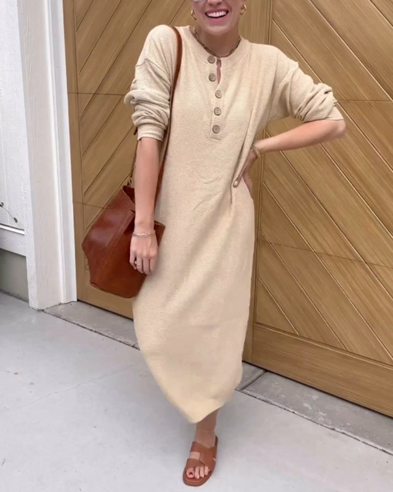 Effen casual jurk met ronde hals in de kleur Khaki voor dames in stijl ideaal voor de herfst.