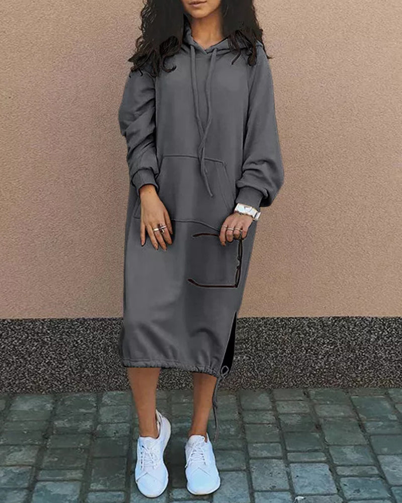 Effen kleur jurk met capuchon in de kleur Donkergrijs voor dames in stijl ideaal voor de herfst.