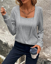 Effen patchworktop met vierkante hals in de kleur Grijs voor dames in stijl ideaal voor de herfst.