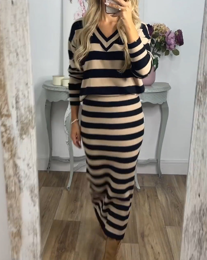 Elegante tweedelige set met gestreepte print in de kleur Zwart voor dames in stijl ideaal voor de herfst.