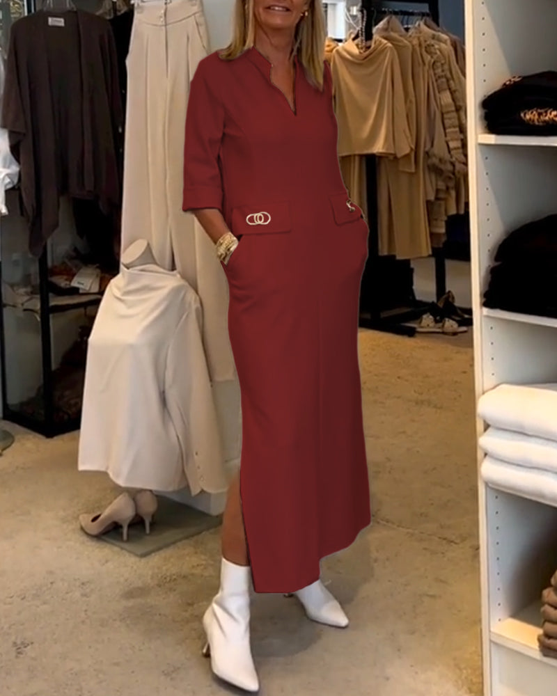 Els | Eénkleurige jurk met 3/4 mouwsplit in de kleur Bordeaux voor dames in stijl ideaal voor de herfst.
