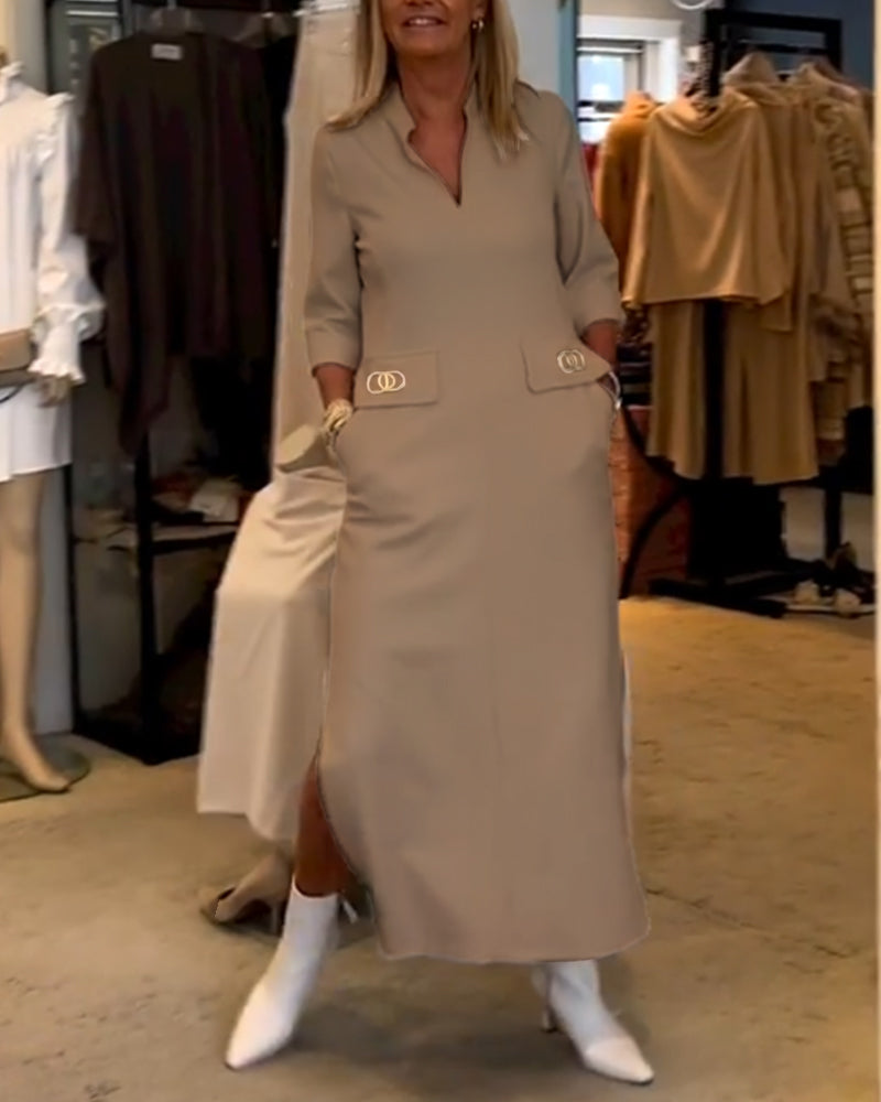 Els | Eénkleurige jurk met 3/4 mouwsplit in de kleur Wit voor dames in stijl ideaal voor de herfst.