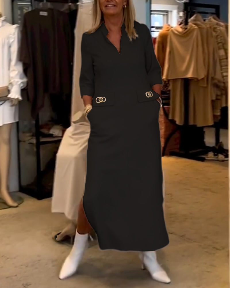 Els | Eénkleurige jurk met 3/4 mouwsplit in de kleur Wit voor dames in stijl ideaal voor de herfst.