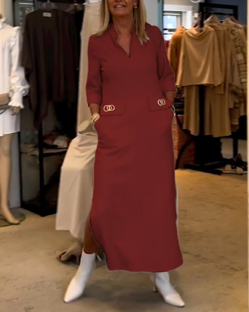Els | Eénkleurige jurk met 3/4 mouwsplit in de kleur Wit voor dames in stijl ideaal voor de herfst.