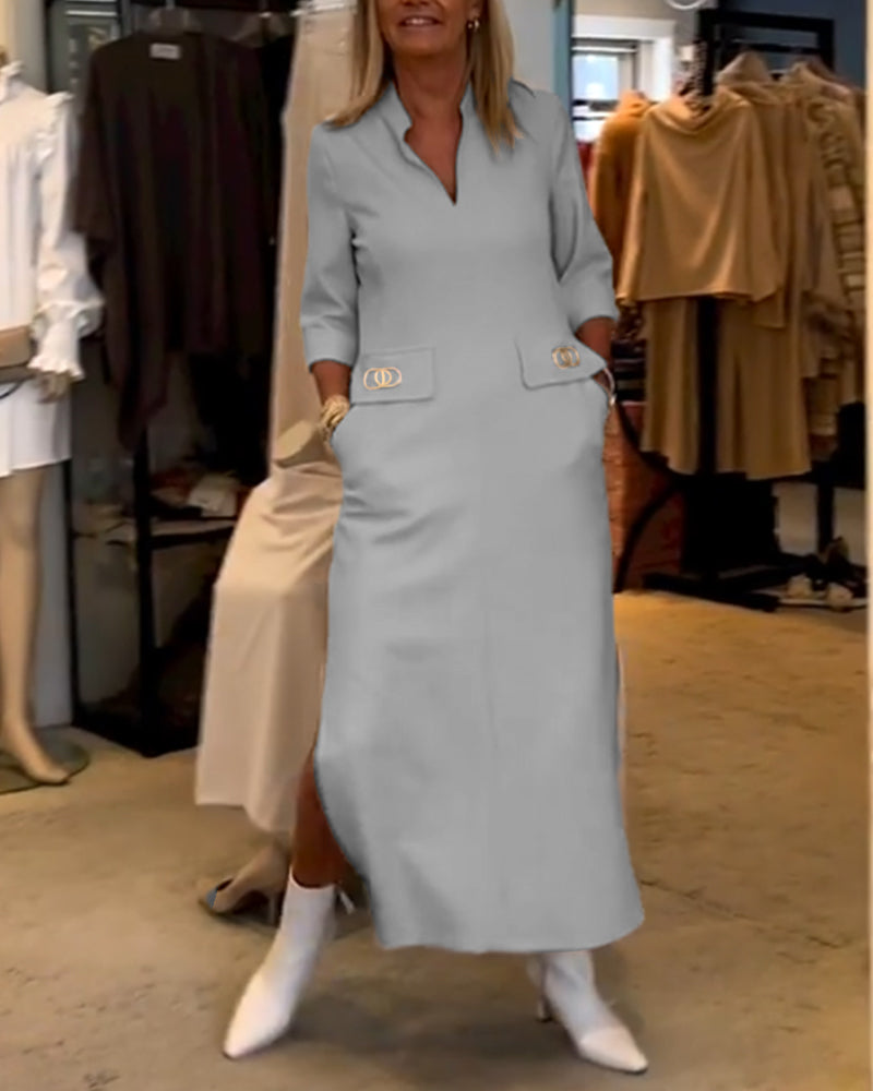 Els | Eénkleurige jurk met 3/4 mouwsplit in de kleur Wit voor dames in stijl ideaal voor de herfst.