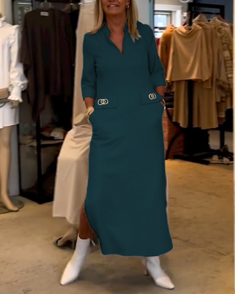 Els | Eénkleurige jurk met 3/4 mouwsplit in de kleur Wit voor dames in stijl ideaal voor de herfst.