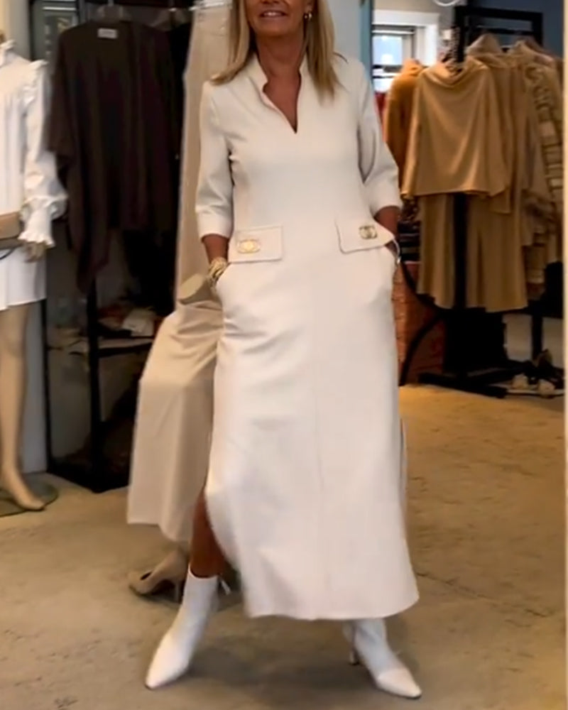 Els | Eénkleurige jurk met 3/4 mouwsplit in de kleur Wit voor dames in stijl ideaal voor de herfst.