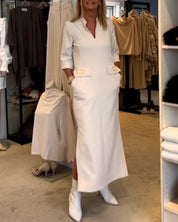 Els | Eénkleurige jurk met 3/4 mouwsplit in de kleur Wit voor dames in stijl ideaal voor de herfst.
