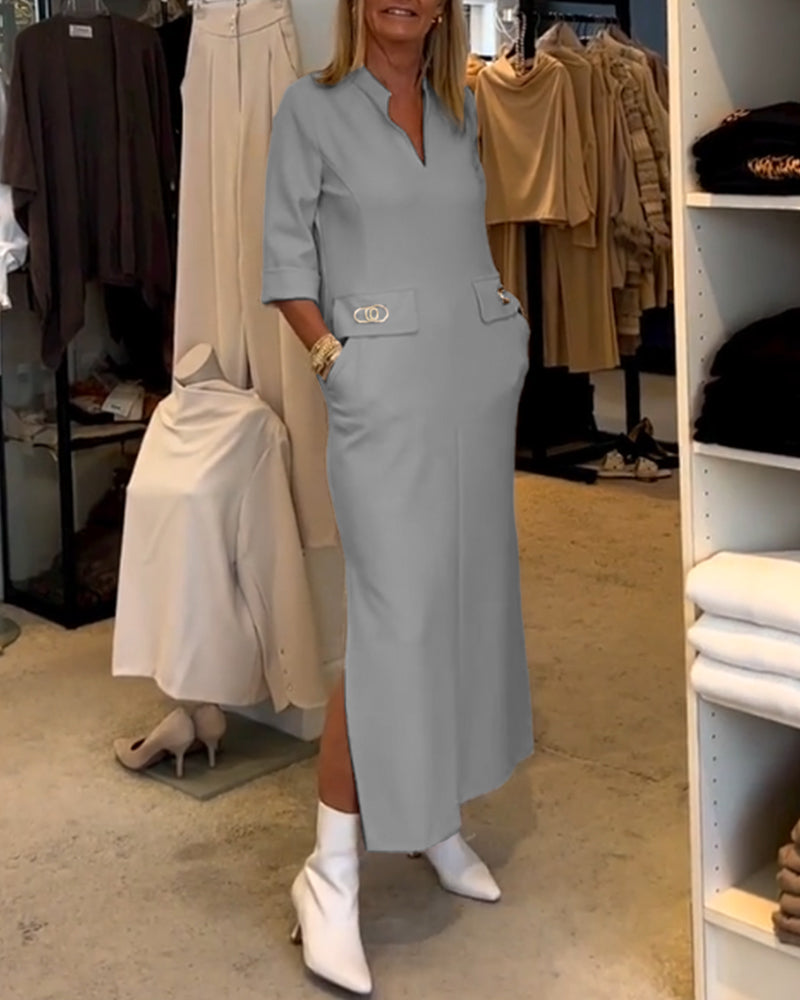 Els | Eénkleurige jurk met 3/4 mouwsplit in de kleur Grijs voor dames in stijl ideaal voor de herfst.