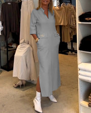 Els | Eénkleurige jurk met 3/4 mouwsplit in de kleur Grijs voor dames in stijl ideaal voor de herfst.