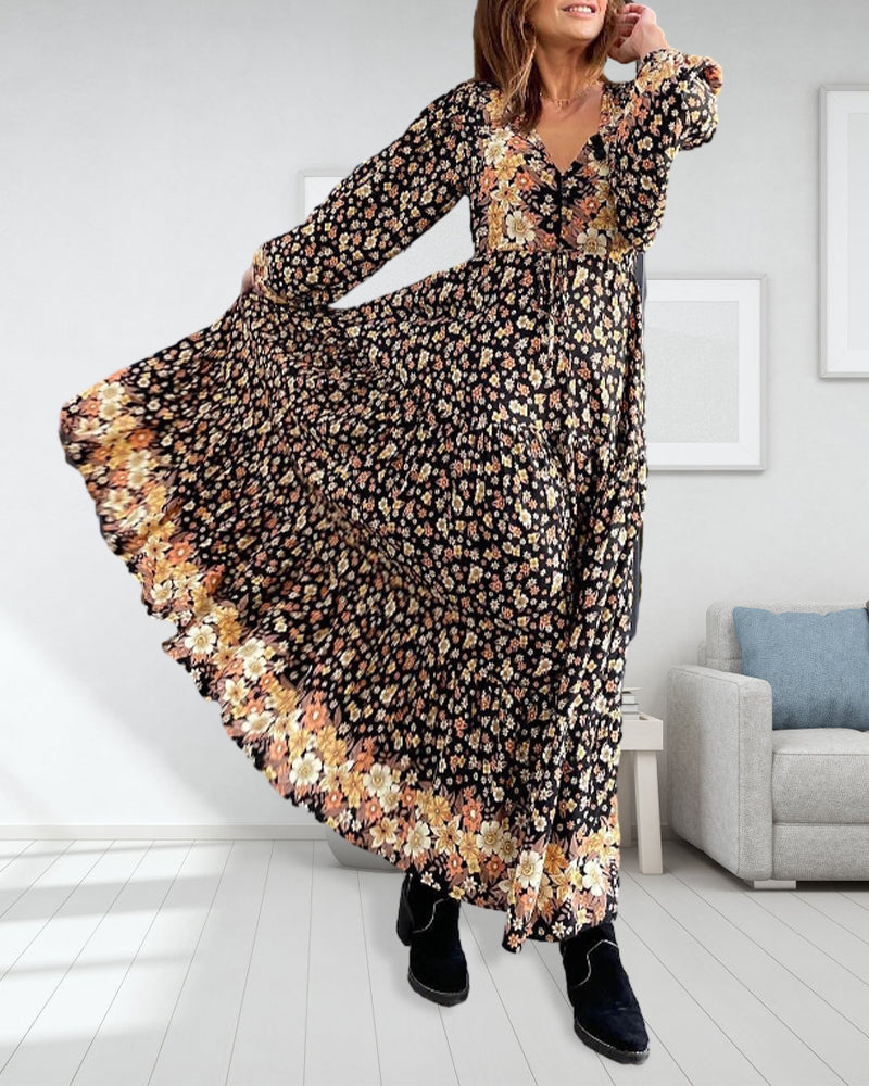 Gebloemd herfstjurkje met V-hals in de kleur Zwart voor dames in stijl ideaal voor de herfst.