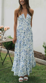 Halternek Jurk Bloemen Maxi Jurk Ruby in de kleur Blauw voor dames in stijl ideaal voor de lente.