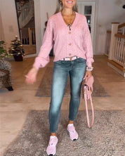 Hippe cardigan met lantaarnmouwen in de kleur Roze voor dames in stijl ideaal voor de herfst.