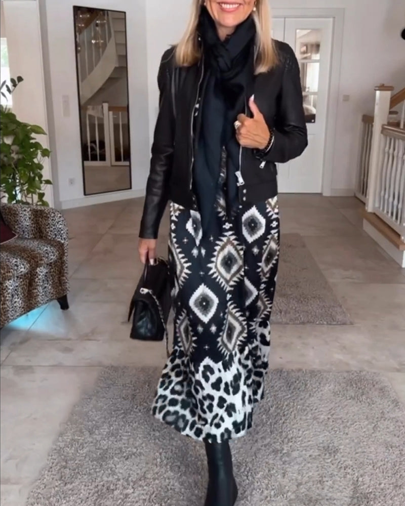 Jurk met lange mouwen en geometrische print in de kleur Zwart voor dames in stijl ideaal voor de herfst.