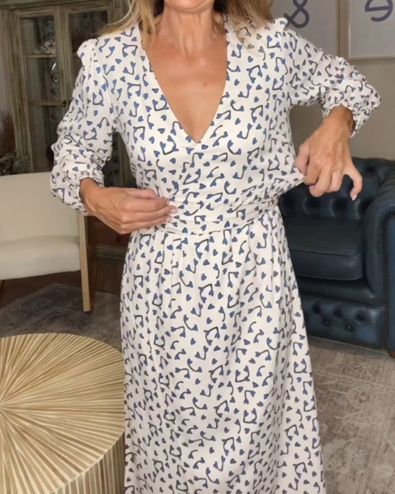 Jurk met print en V-hals in de kleur Grijs voor dames in stijl ideaal voor de herfst.