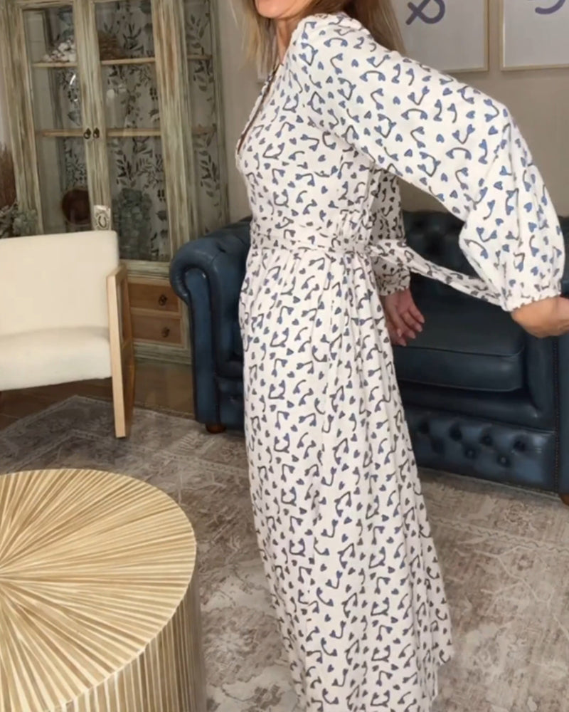 Jurk met print en V-hals in de kleur Grijs voor dames in stijl ideaal voor de herfst.