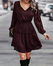 Jurk met V-hals en bedrukte A-lijn in de kleur Donkerrood voor dames in stijl ideaal voor de herfst.