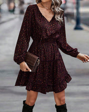 Jurk met V-hals en bedrukte A-lijn in de kleur Donkerrood voor dames in stijl ideaal voor de herfst.