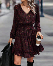 Jurk met V-hals en bedrukte A-lijn in de kleur Donkerrood voor dames in stijl ideaal voor de herfst.