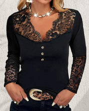 Kanten top met lange mouwen en V-hals in de kleur Zwart voor dames in stijl ideaal voor de herfst.