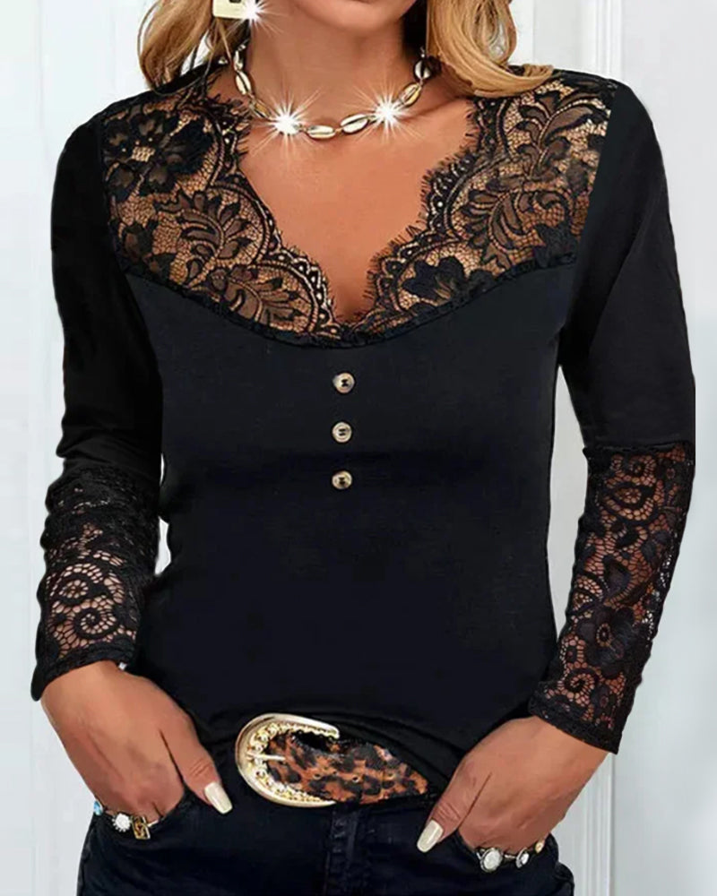 Kanten top met lange mouwen en V-hals in de kleur Zwart voor dames in stijl ideaal voor de herfst.